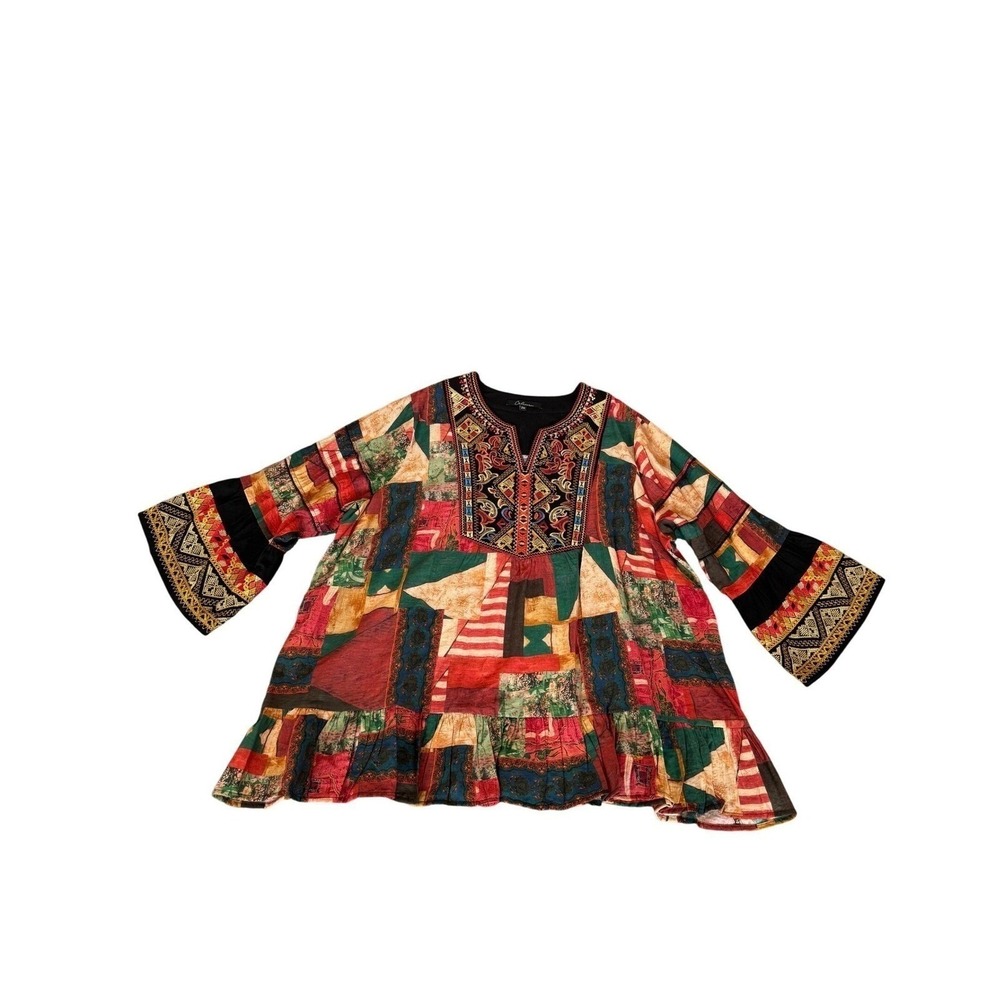 Calessa Womens Patchwork Embroidered Tunic Top‎ Bell Sleeve Multicolor Size 3X